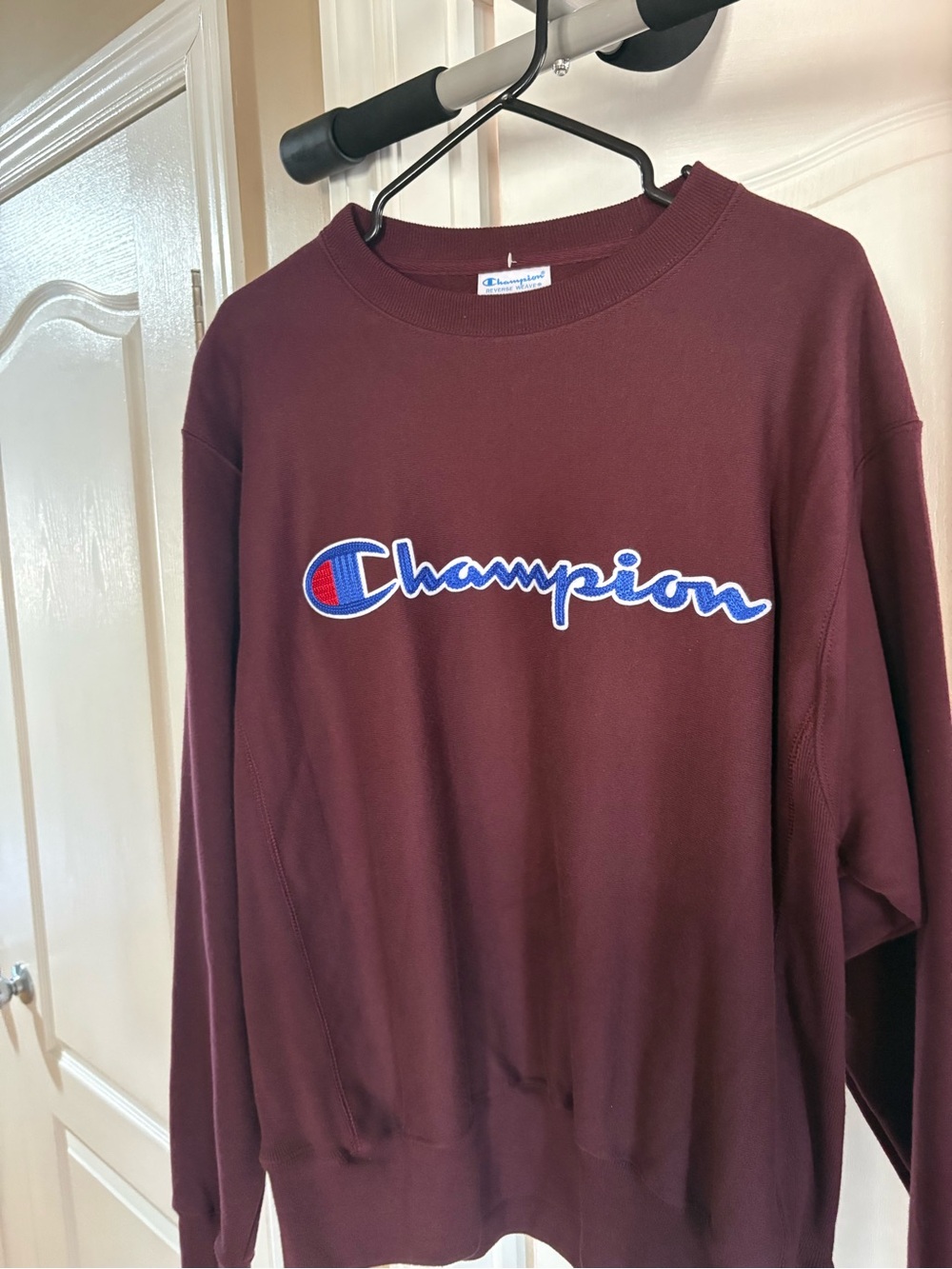 Champion Reverse Weave Crewneck Sweatshirt - Burgundy with Blue Script
